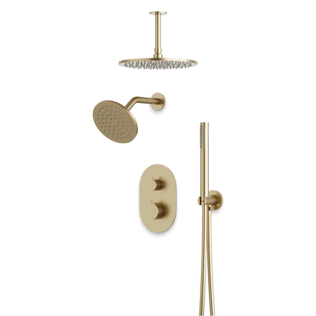 Artos Opera Thermostatic Shower Trim Kit with Wall & Ceiling Mount Shower Head, Hand Shower in Satin Brass – Wide Control Trim Style – PS108SB