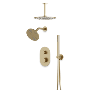 Artos Opera Thermostatic Shower Trim Kit with Wall & Ceiling Mount Shower Head, Hand Shower in Satin Brass – Wide Control Trim Style – PS108SB