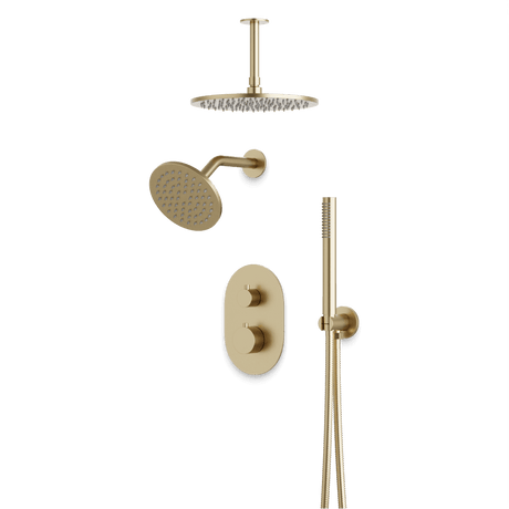 Artos Opera Thermostatic Shower Trim Kit with Wall & Ceiling Mount Shower Head, Hand Shower in Satin Brass – Wide Control Trim Style – PS108SB