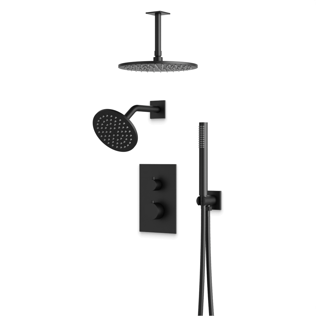Artos Otella Thermostatic Shower Trim Kit with Wall & Ceiling Mount Shower Head, Hand Shower in Matte Black – Wide Control Trim Style – PS109BK