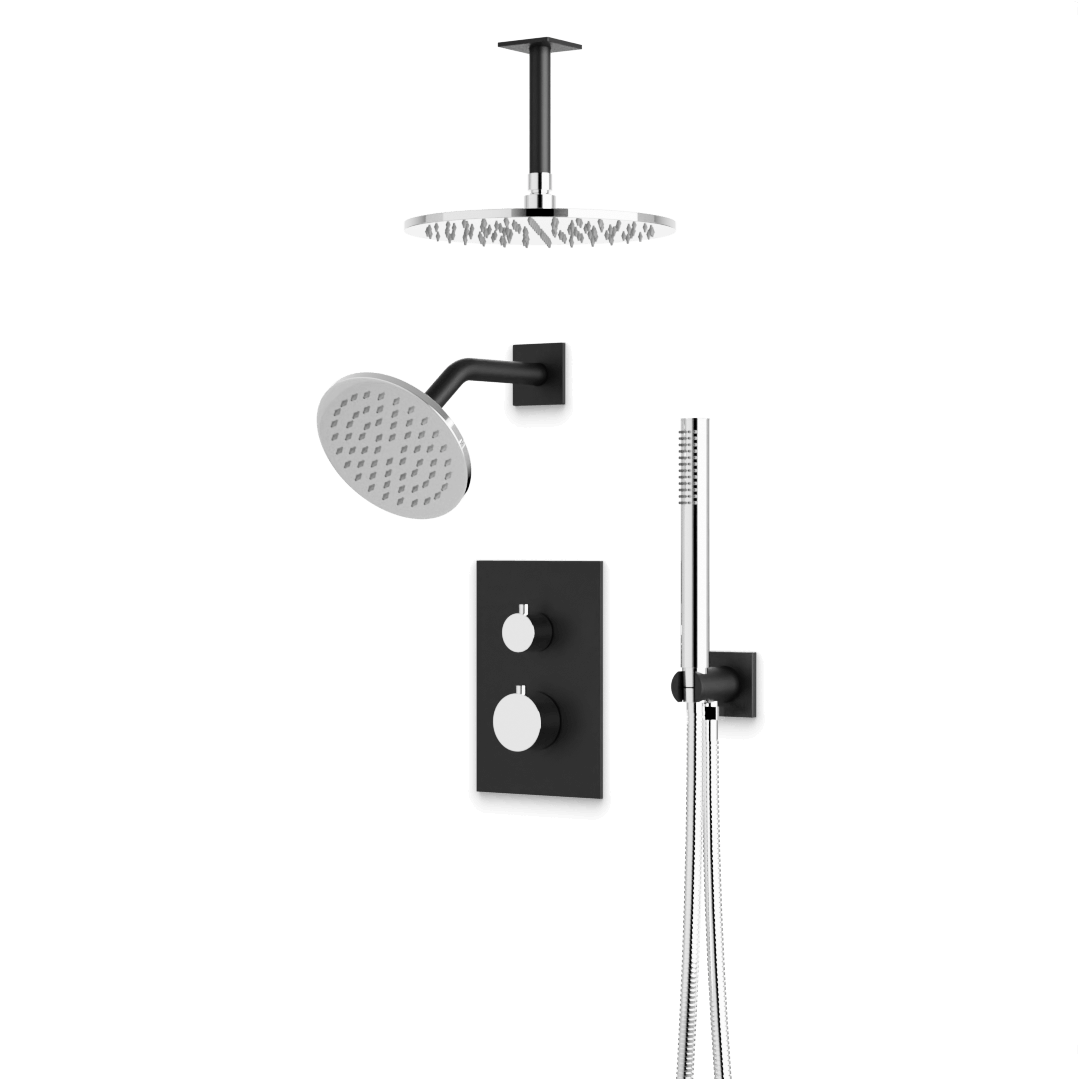 Artos Otella Thermostatic Shower Trim Kit with Wall & Ceiling Mount Shower Head, Hand Shower in Chrome/Matte Black – Wide Control Trim Style – PS109CHB