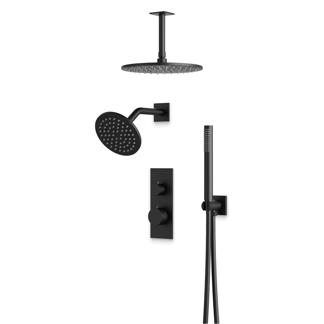 Artos Otella Thermostatic Shower Trim Kit with Wall & Ceiling Mount Shower Head, Hand Shower in Matte Black – Wide Control Trim Style – PS109BK