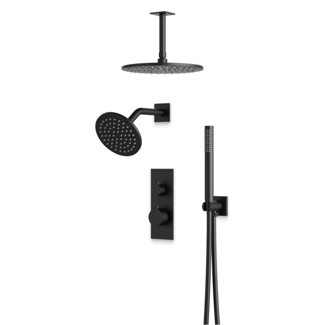 Artos Otella Thermostatic Shower Trim Kit with Wall & Ceiling Mount Shower Head, Hand Shower in Matte Black – Wide Control Trim Style – PS109BK