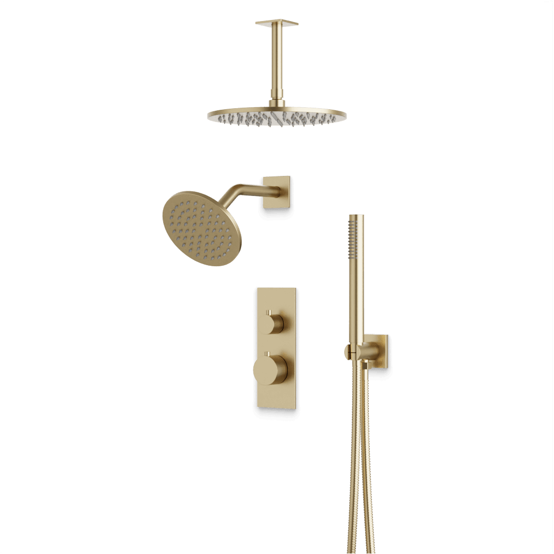 Artos Otella Thermostatic Shower Trim Kit with Wall & Ceiling Mount Shower Head, Hand Shower in Satin Brass – Wide Control Trim Style – PS109SB