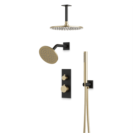 Artos Otella Thermostatic Shower Trim Kit with Wall & Ceiling Mount Shower Head, Hand Shower in Satin Brass/Matte Black – Wide Control Trim Style – PS109SBB