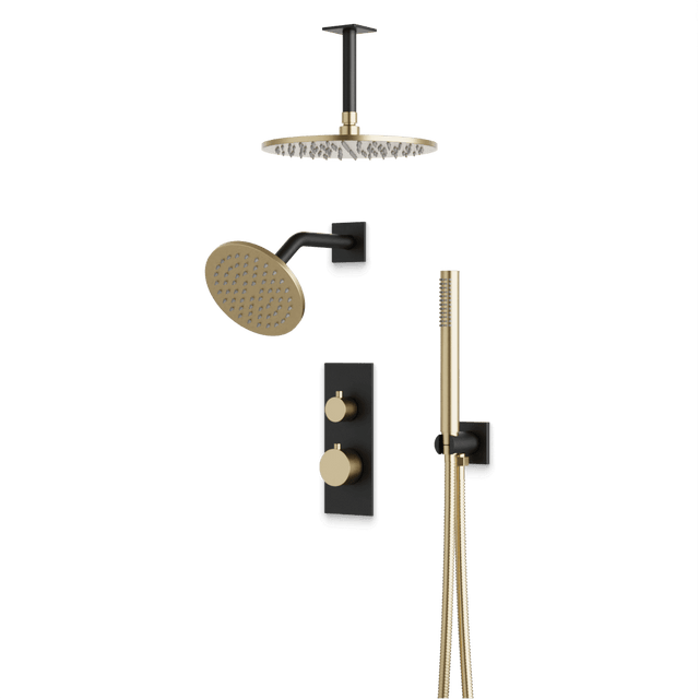 Artos Otella Thermostatic Shower Trim Kit with Wall & Ceiling Mount Shower Head, Hand Shower in Satin Brass/Matte Black – Wide Control Trim Style – PS109SBB