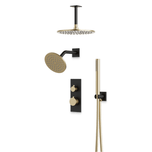 Artos Otella Thermostatic Shower Trim Kit with Wall & Ceiling Mount Shower Head, Hand Shower in Satin Brass/Matte Black – Wide Control Trim Style