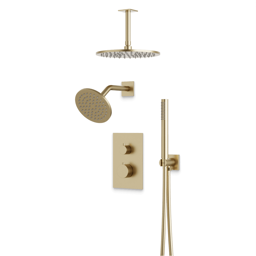 Artos Otella Thermostatic Shower Trim Kit with Wall & Ceiling Mount Shower Head, Hand Shower in Satin Brass – Wide Control Trim Style – PS109SB