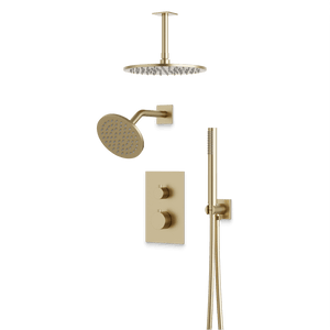 Artos Otella Thermostatic Shower Trim Kit with Wall & Ceiling Mount Shower Head, Hand Shower in Satin Brass – Wide Control Trim Style – PS109SB