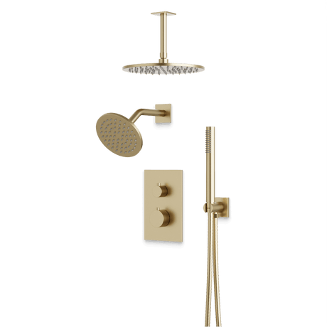 Artos Otella Thermostatic Shower Trim Kit with Wall & Ceiling Mount Shower Head, Hand Shower in Satin Brass – Wide Control Trim Style – PS109SB