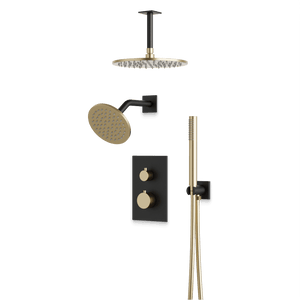 Artos Otella Thermostatic Shower Trim Kit with Wall & Ceiling Mount Shower Head, Hand Shower in Satin Brass/Matte Black – Wide Control Trim Style – PS109SBB