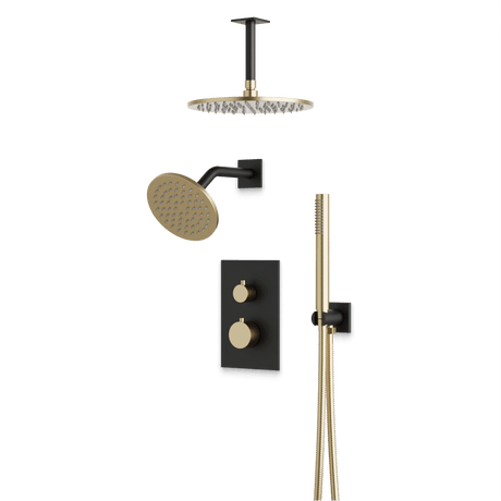 Artos Otella Thermostatic Shower Trim Kit with Wall & Ceiling Mount Shower Head, Hand Shower in Satin Brass/Matte Black – Wide Control Trim Style – PS109SBB