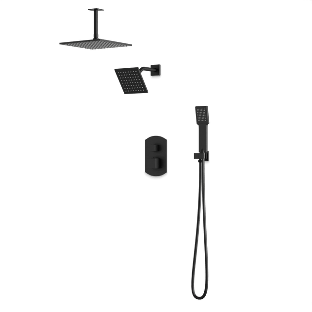 Artos Transitional Thermostatic Shower Trim Kit with Wall Mount Shower Head, Ceiling Mount Shower Head, Hand Shower in Matte Black – PS110BK