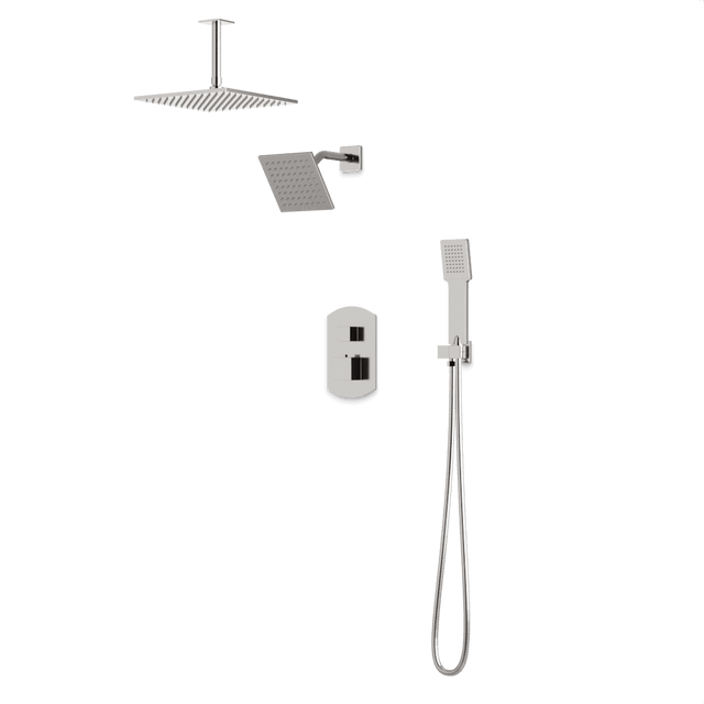 Artos Transitional Thermostatic Shower Trim Kit with Wall Mount Shower Head, Ceiling Mount Shower Head, Hand Shower in Brushed Nickel – PS110BN