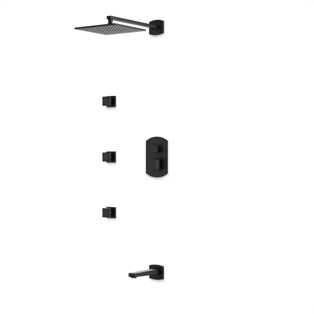 Artos Transitional Thermostatic Shower Trim Kit with Wall Mount Shower Head, Body Jets, Tub Filler in Matte Black – PS114BK