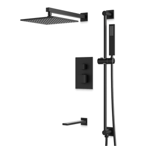 Artos Edge Thermostatic Shower Trim Kit with Wall Mount Shower Head, Hand Shower on Slide Bar, Tub Filler in Matte Black – Wide Control Trim Style – PS115BK