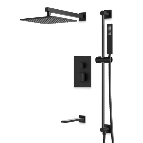 Artos Edge Thermostatic Shower Trim Kit with Wall Mount Shower Head, Hand Shower on Slide Bar, Tub Filler in Matte Black – Wide Control Trim Style – PS115BK