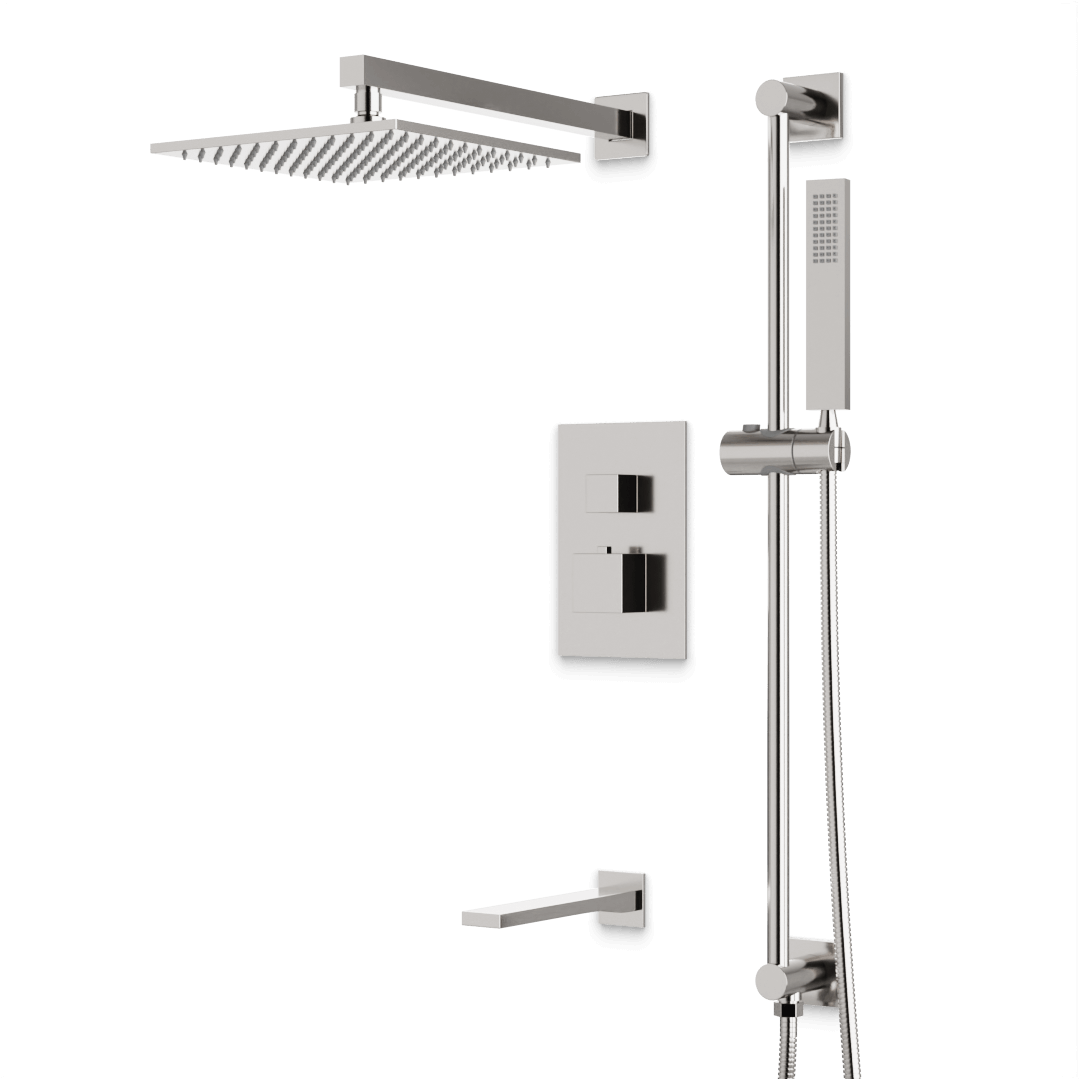 Artos Edge Thermostatic Shower Trim Kit with Wall Mount Shower Head, Hand Shower on Slide Bar, Tub Filler in Brushed Nickel – Wide Control Trim Style – PS115BN