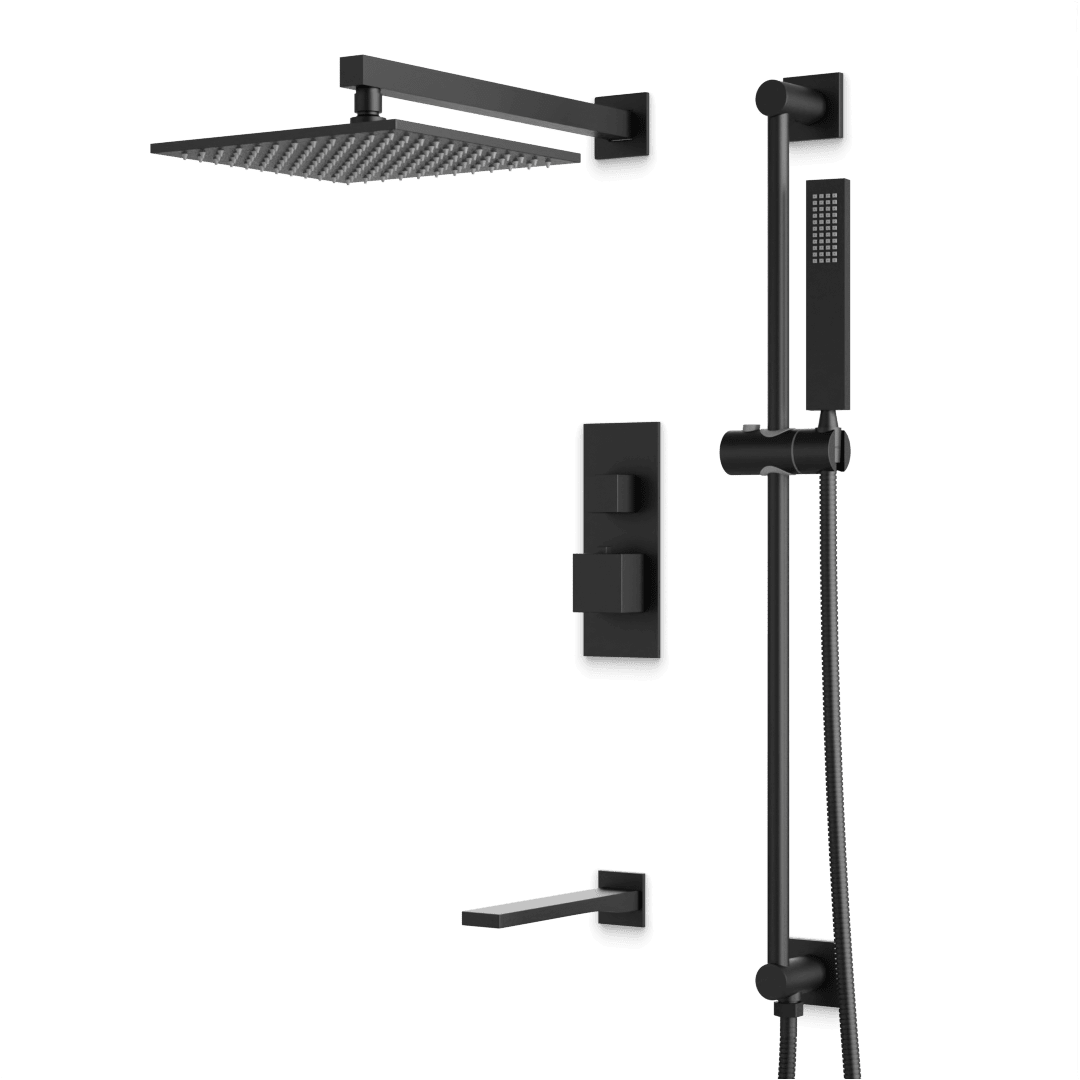 Artos Edge Thermostatic Shower Trim Kit with Wall Mount Shower Head, Hand Shower on Slide Bar, Tub Filler in Matte Black – Wide Control Trim Style – PS115BK