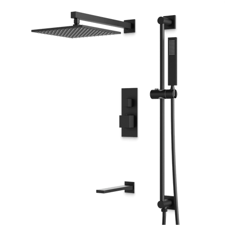 Artos Edge Thermostatic Shower Trim Kit with Wall Mount Shower Head, Hand Shower on Slide Bar, Tub Filler in Matte Black – Wide Control Trim Style – PS115BK