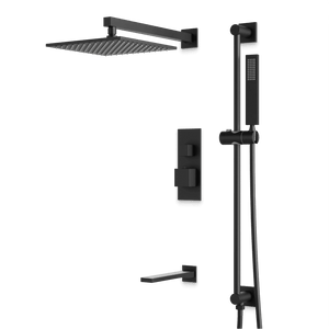 Artos Edge Thermostatic Shower Trim Kit with Wall Mount Shower Head, Hand Shower on Slide Bar, Tub Filler in Matte Black – Wide Control Trim Style
