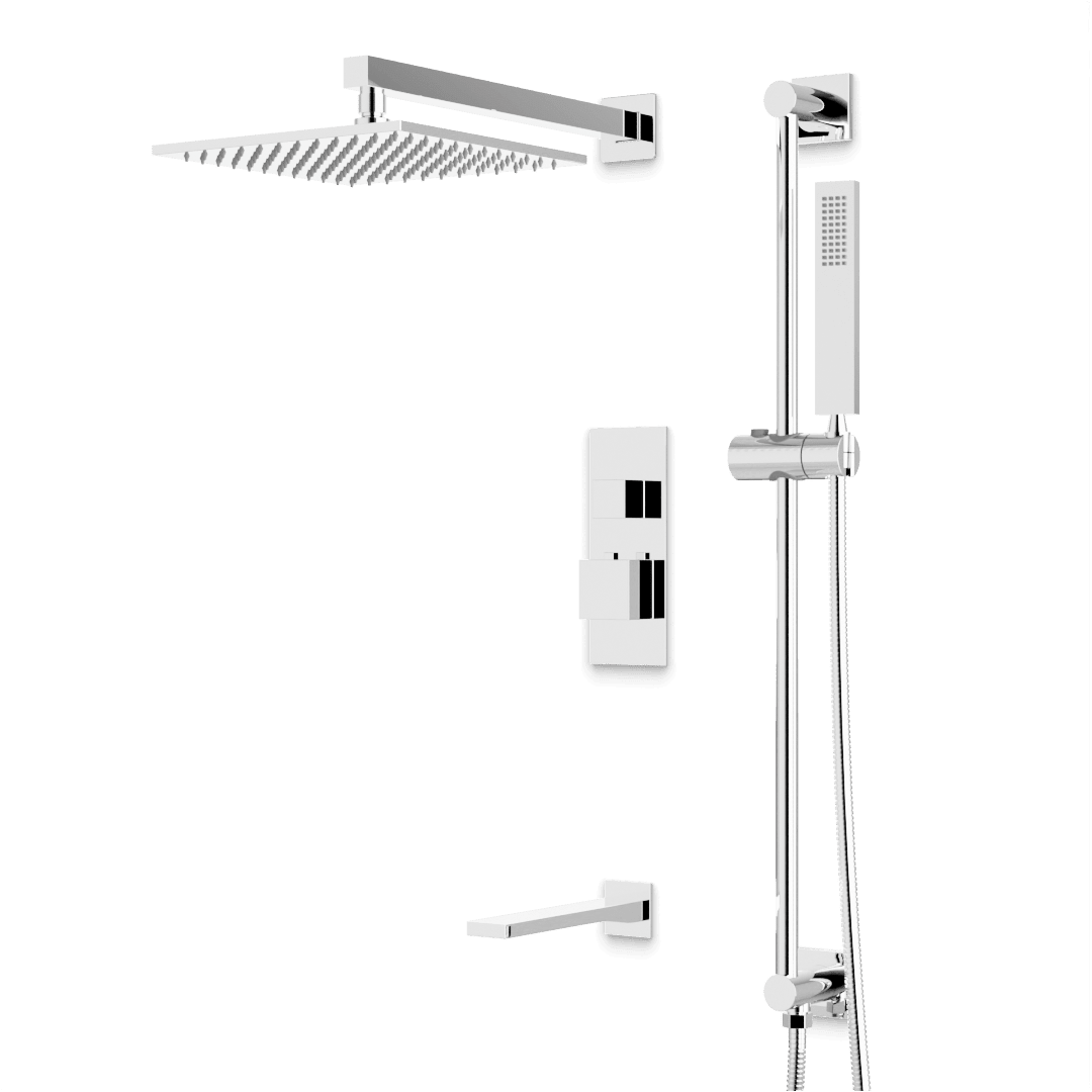 Artos Edge Thermostatic Shower Trim Kit with Wall Mount Shower Head, Hand Shower on Slide Bar, Tub Filler in Chrome – Wide Control Trim Style – PS115CH