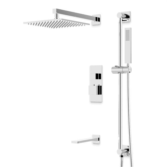 Artos Edge Thermostatic Shower Trim Kit with Wall Mount Shower Head, Hand Shower on Slide Bar, Tub Filler in Chrome – Wide Control Trim Style – PS115CH