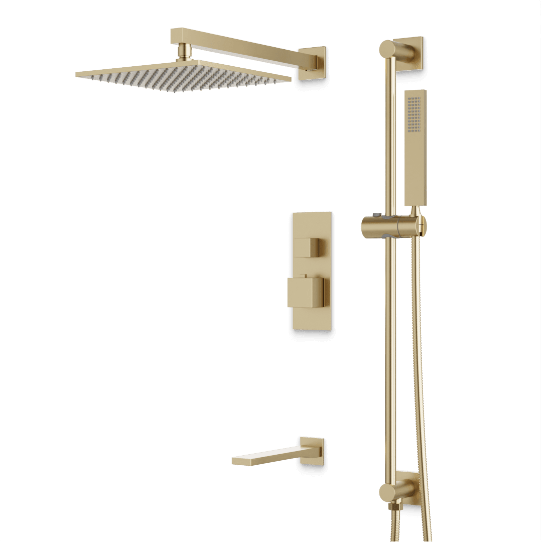 Artos Edge Thermostatic Shower Trim Kit with Wall Mount Shower Head, Hand Shower on Slide Bar, Tub Filler in Satin Brass – Wide Control Trim Style – PS115SB
