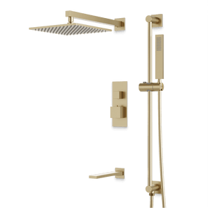 Artos Edge Thermostatic Shower Trim Kit with Wall Mount Shower Head, Hand Shower on Slide Bar, Tub Filler in Satin Brass – Wide Control Trim Style – PS115SB