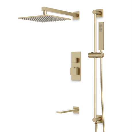Artos Edge Thermostatic Shower Trim Kit with Wall Mount Shower Head, Hand Shower on Slide Bar, Tub Filler in Satin Brass – Wide Control Trim Style – PS115SB