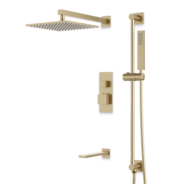 Artos Edge Thermostatic Shower Trim Kit with Wall Mount Shower Head, Hand Shower on Slide Bar, Tub Filler in Satin Brass – Wide Control Trim Style – PS115SB