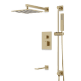 Artos Edge Thermostatic Shower Trim Kit with Wall Mount Shower Head, Hand Shower on Slide Bar, Tub Filler in Satin Brass – Wide Control Trim Style – PS115SB