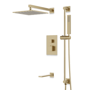 Artos Edge Thermostatic Shower Trim Kit with Wall Mount Shower Head, Hand Shower on Slide Bar, Tub Filler in Satin Brass – Wide Control Trim Style – PS115SB