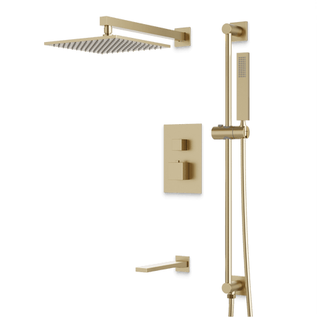 Artos Edge Thermostatic Shower Trim Kit with Wall Mount Shower Head, Hand Shower on Slide Bar, Tub Filler in Satin Brass – Wide Control Trim Style – PS115SB