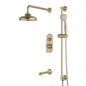 Artos Classic Thermostatic Shower Trim Kit with Hand Shower on Slide Bar, Tub Filler in Satin Brass – Wide Control Trim Style