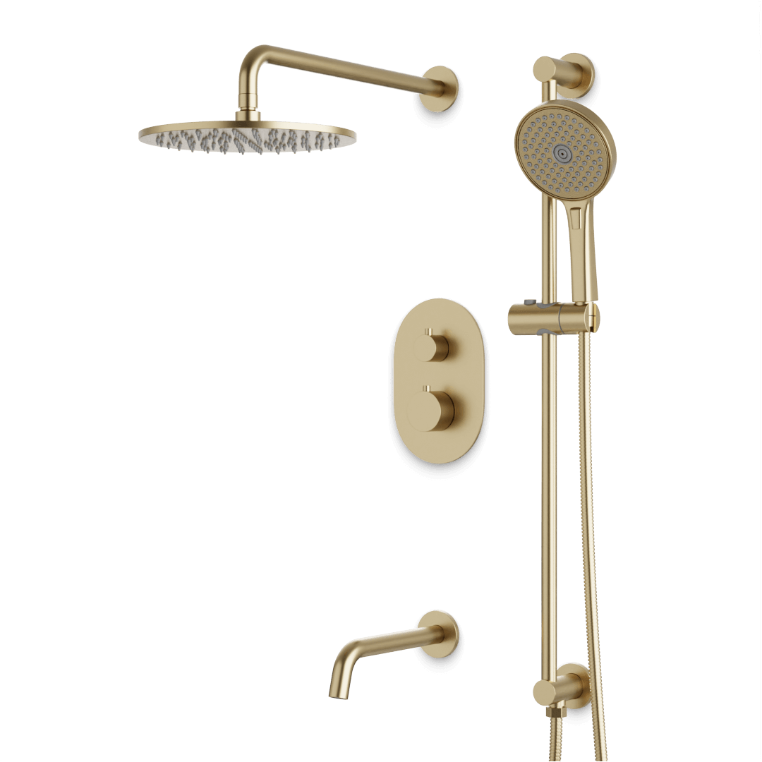 Artos Opera Thermostatic Shower Trim Kit with Hand Shower on Slide Bar, Tub Filler in Satin Brass – Wide Control Trim Style – PS116SB