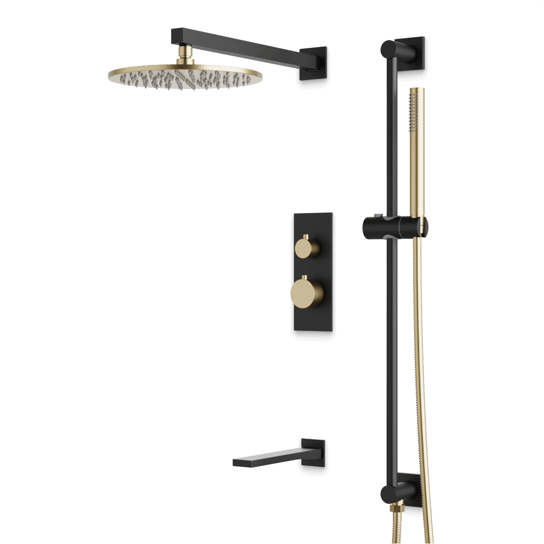 Artos Otella Thermostatic Shower Trim Kit with Hand Shower on Slide Bar, Tub Filler in Satin Brass/Matte Black – Wide Control Trim Style – PS117SBB