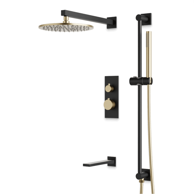 Artos Otella Thermostatic Shower Trim Kit with Hand Shower on Slide Bar, Tub Filler in Satin Brass/Matte Black – Wide Control Trim Style – PS117SBB