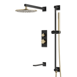 Artos Otella Thermostatic Shower Trim Kit with Hand Shower on Slide Bar, Tub Filler in Satin Brass/Matte Black – Wide Control Trim Style