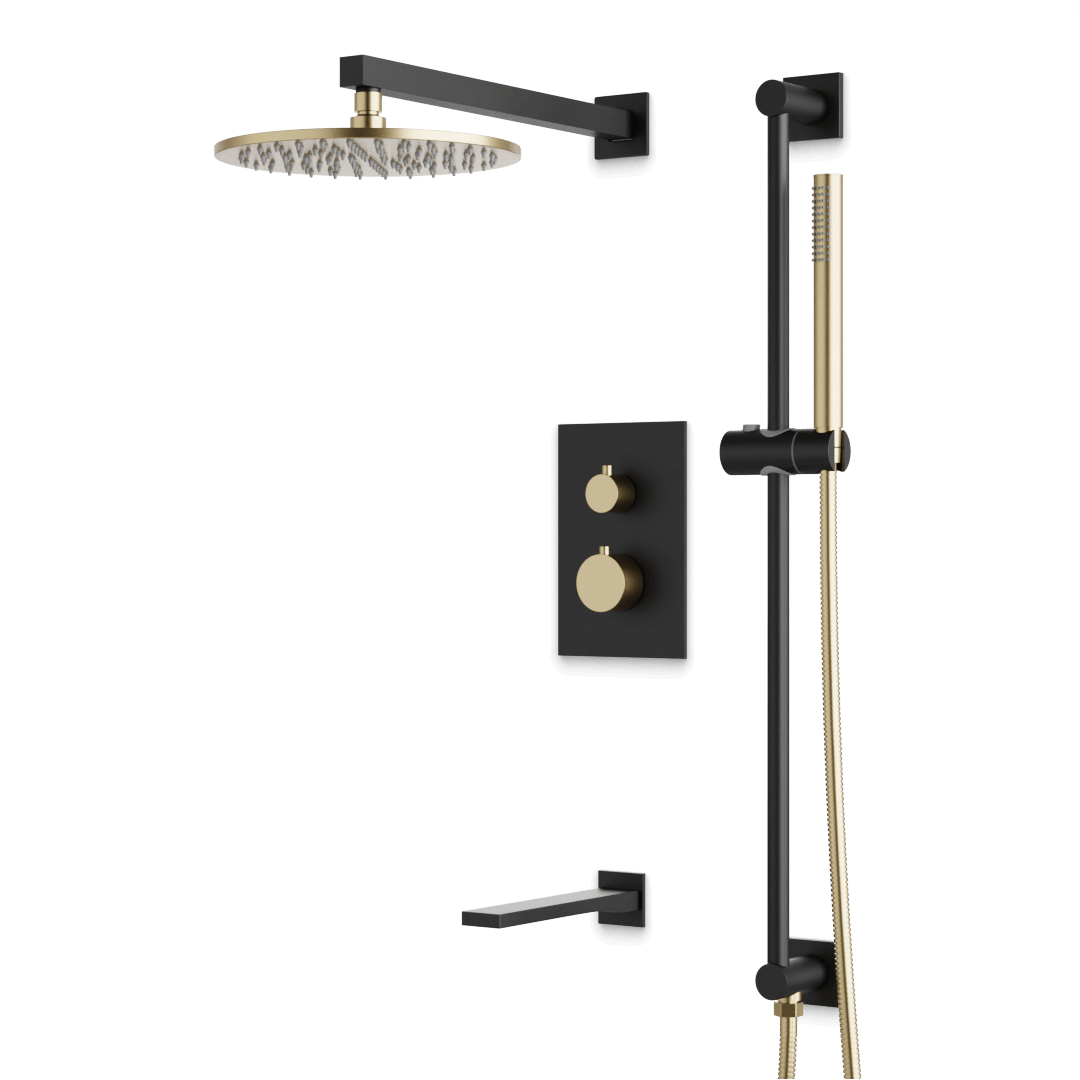Artos Otella Thermostatic Shower Trim Kit with Hand Shower on Slide Bar, Tub Filler in Satin Brass/Matte Black – Wide Control Trim Style – PS117SBB