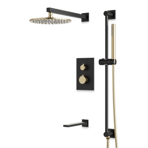 Artos Otella Thermostatic Shower Trim Kit with Hand Shower on Slide Bar, Tub Filler in Satin Brass/Matte Black – Wide Control Trim Style – PS117SBB