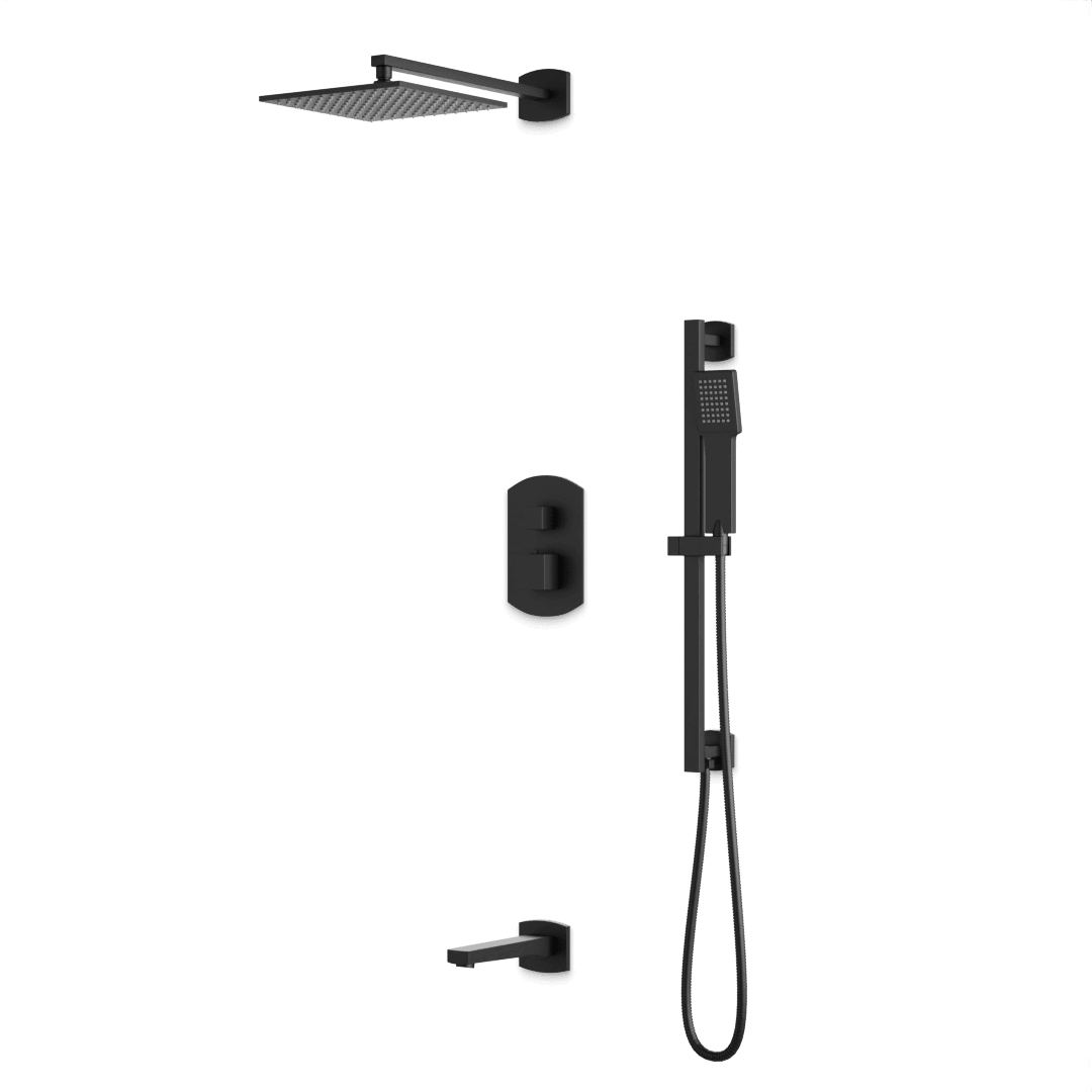 Artos Transitional Thermostatic Shower Trim Kit with Wall Mount Shower Head, Hand Shower on Slide Bar, Tub Filler in Matte Black – PS118BK