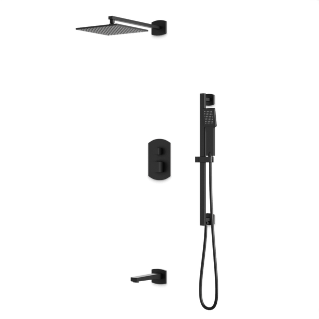 Artos Transitional Thermostatic Shower Trim Kit with Wall Mount Shower Head, Hand Shower on Slide Bar, Tub Filler in Matte Black – PS118BK