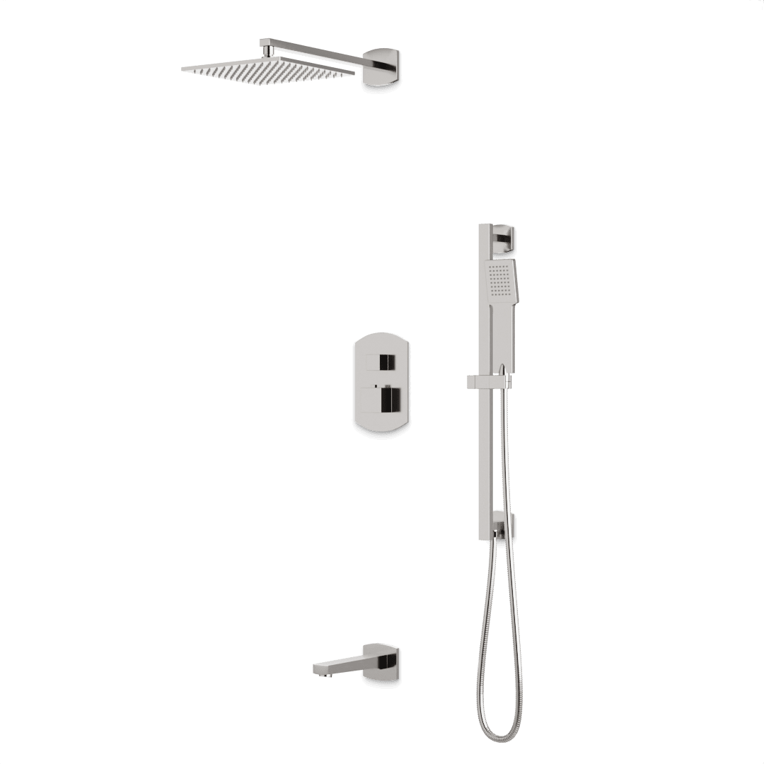 Artos Transitional Thermostatic Shower Trim Kit with Wall Mount Shower Head, Hand Shower on Slide Bar, Tub Filler in Brushed Nickel – PS118BN