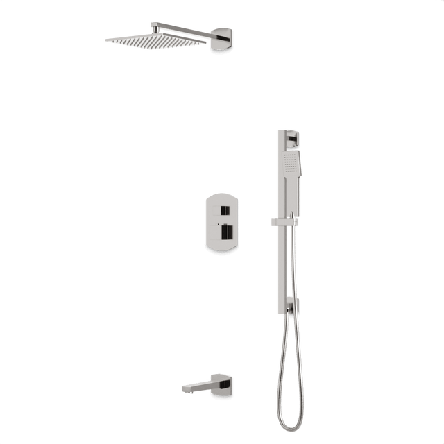 Artos Transitional Thermostatic Shower Trim Kit with Wall Mount Shower Head, Hand Shower on Slide Bar, Tub Filler in Brushed Nickel – PS118BN