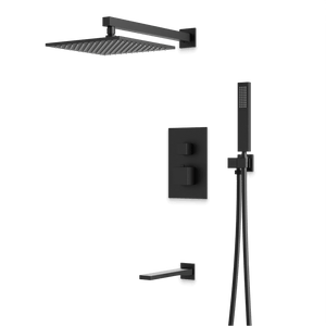 Artos Edge Thermostatic Shower Trim Kit with Wall Mount Shower Head, Hand Shower, Tub Filler in Matte Black – Wide Control Trim Style – PS119BK