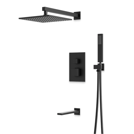 Artos Edge Thermostatic Shower Trim Kit with Wall Mount Shower Head, Hand Shower, Tub Filler in Matte Black – Wide Control Trim Style – PS119BK