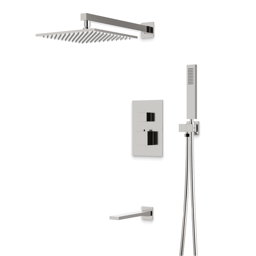 Artos Edge Thermostatic Shower Trim Kit with Wall Mount Shower Head, Hand Shower, Tub Filler in Brushed Nickel – Wide Control Trim Style – PS119BN