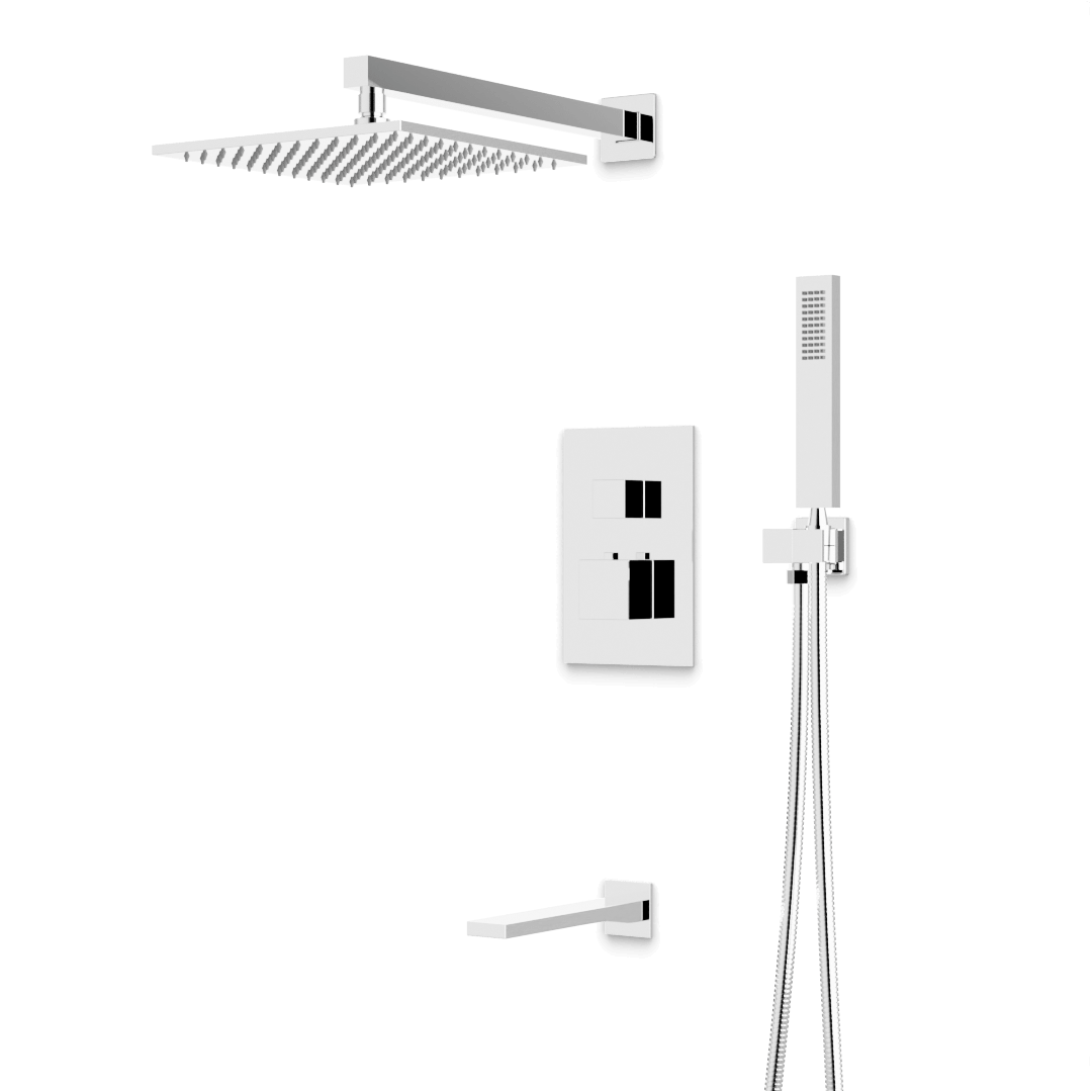 Artos Edge Thermostatic Shower Trim Kit with Wall Mount Shower Head, Hand Shower, Tub Filler in Chrome – Wide Control Trim Style – PS119CH