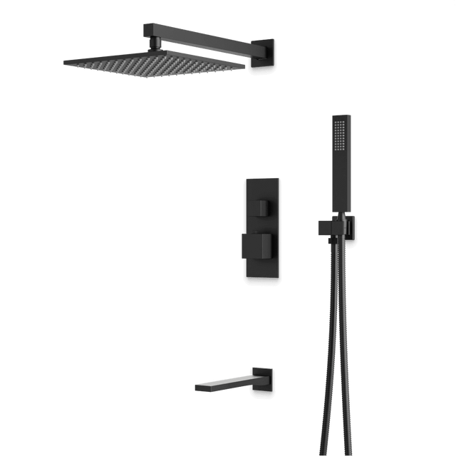 Artos Edge Thermostatic Shower Trim Kit with Wall Mount Shower Head, Hand Shower, Tub Filler in Matte Black – Wide Control Trim Style – PS119BK